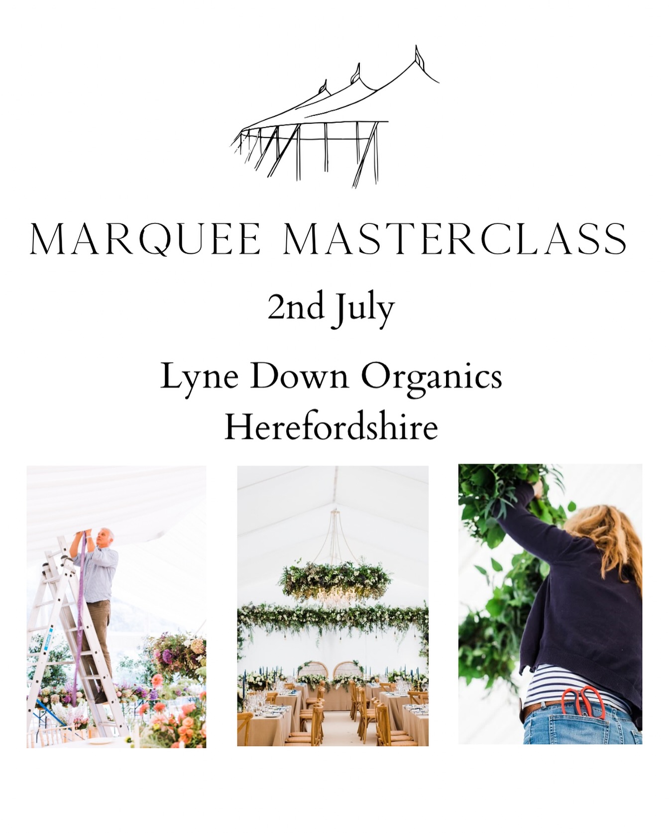 MARQUEE WORKSHOP – 2nd JULY 
Lyne Down Organics Herefordshire 

This is a rare and exciting opportunity to work inside a Marquee — a setting that brings so many creative possibilities and its own challenges.
Whether you’re new to marquee work or want to elevate your skills, this hands-on workshop will give you the tools, knowledge, and confidence to take on an event in a marquee.

Here’s what we’ll cover:
Design + Planning:
* Working with CAD plans and layout visuals
* Planning installations that suit the space and structure
* Understanding heath and safety and weight limits for suspended designs 
* Clear guidelines and mechanics 

On the Day:
* We’ll be creating two large-scale floral installations
* Styling and dressing the interior of the marquee
* Time for  imagery – ideal if you haven’t yet worked in a marquee and want to showcase your range.

This is a great opportunity to build confidence, upskill, and walk away with new content for your website and socials.
Cost: £600
There’s already been a lot of interest in this workshop – places are limited, so if you’d like to join us, be ready to book as soon as places are released.